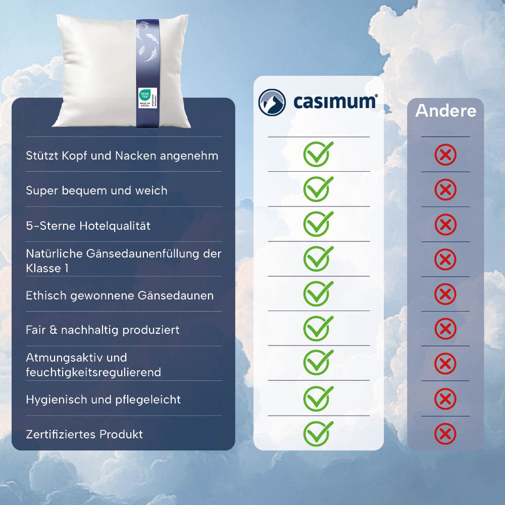3-Kammer-Gänsedaunenkissen »FIRST CLASS« – 100% Gänsedaunen (Außen), Klasse 1, Downpass, hergestellt in Deutschland